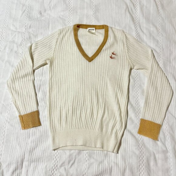 Vintage Dodtex Trim V-Neck Embroidered Bird Sweater Cream & Tan –  M - Picture 2 of 9
